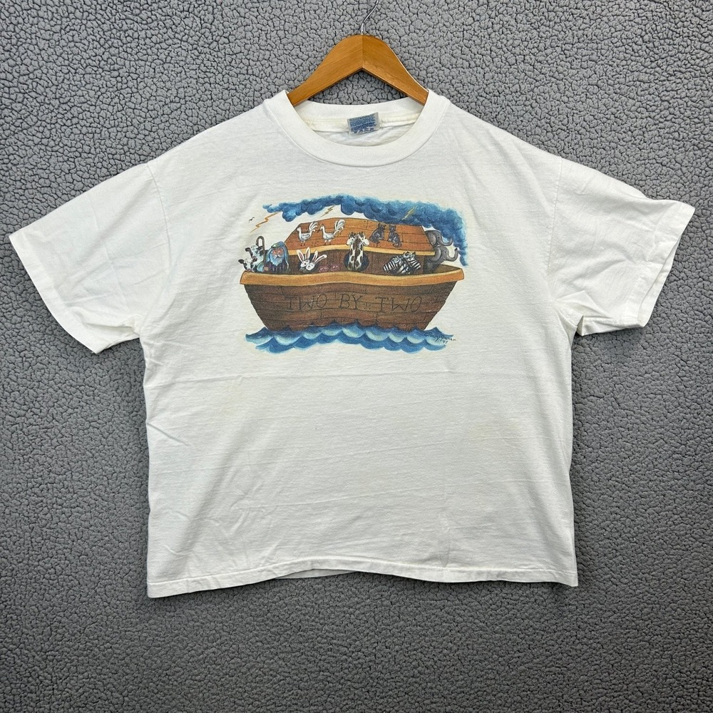 Hanes Men's White L Noah's Ark Graphic T-Shirt‎ 100% Cotton Vintage 1992 Tee